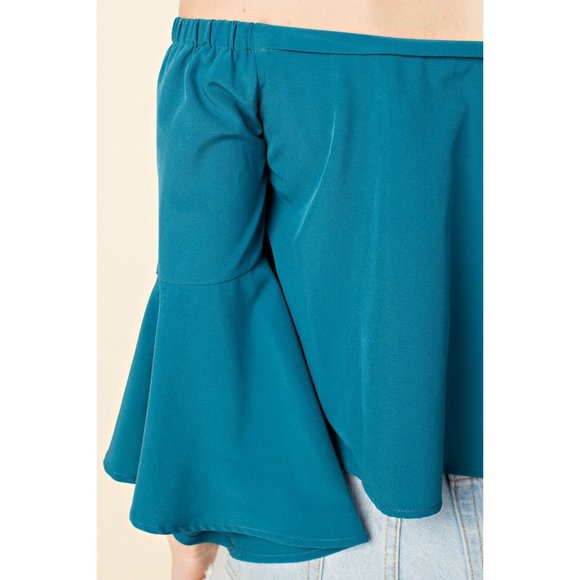 Women's Off Shoulder Buttoned Asymmetrical Bell Sleeve Top with Elastic Band - Picture 10 of 10